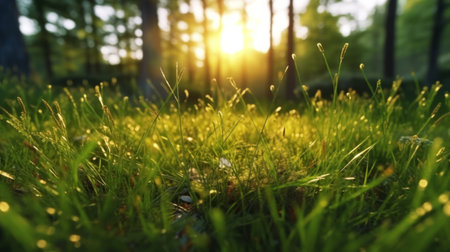 Green grass in summer forest at sunset. Macro image. Generative AIの素材