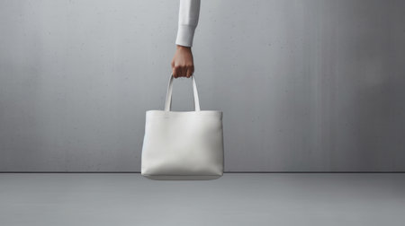 Hand holding a blank canvas tote bag product. Generative AIの素材