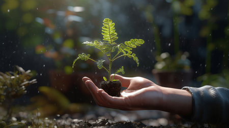Hand holding little plant. Generative AIの素材