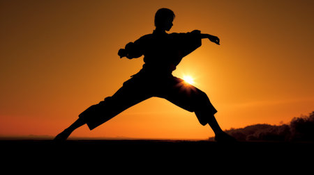 Karate silhouette at sunset. Generative AIの素材