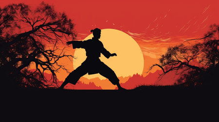 Karate silhouette at sunset. Generative AIの素材