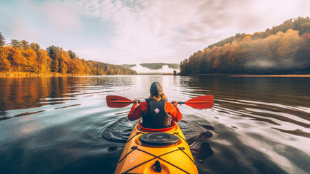 Kayaking on a lake outdoors back view. Generative AIの素材