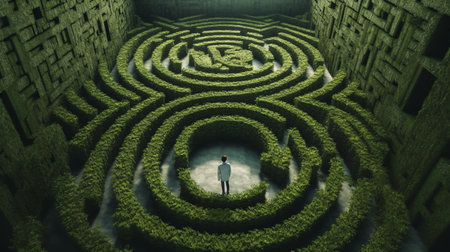 Man stands in front of the entrance to a green maze. Generative AIの素材