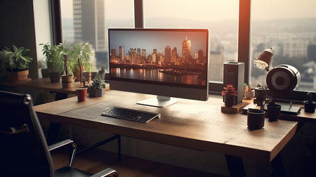 Modern computer on table in office interior. Generative AIの素材