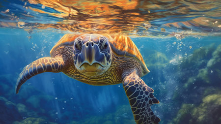 Portrait of sea turtle swimming underwater. Generative AIの素材