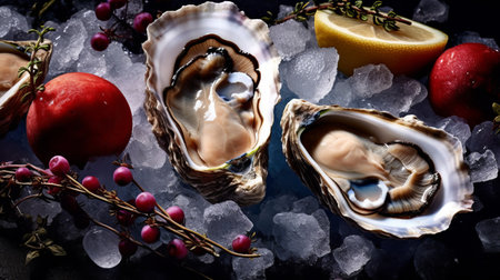 Raw oysters with ice. Generative AIの素材