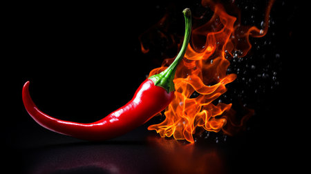 Red hot chili pepper burns on black background. Generative AIの素材
