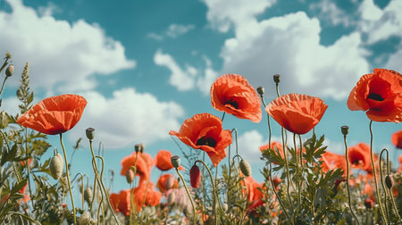 Red poppy flowers against the blue sky. Generative AIの素材