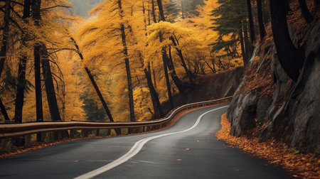 Road with yellow trees in the autumn mountain. Generative AIの素材