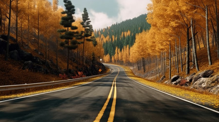 Road with yellow trees in the autumn mountain. Generative AIの素材