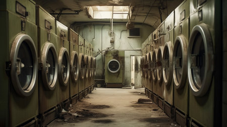 Row of industrial laundry machines. Generative AIの素材