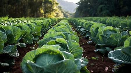 Rows of ripe cabbage. Generative AIの素材