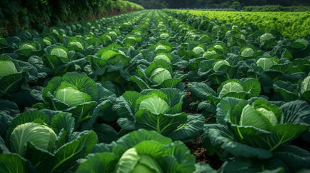 Rows of ripe cabbage. Generative AIの素材
