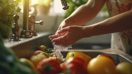 Side view closeup of young woman washing fresh ripe. Generative AIの素材