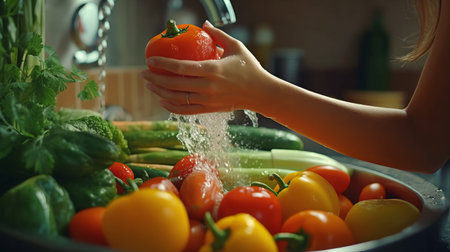 Side view closeup of young woman washing fresh ripe. Generative AIの素材