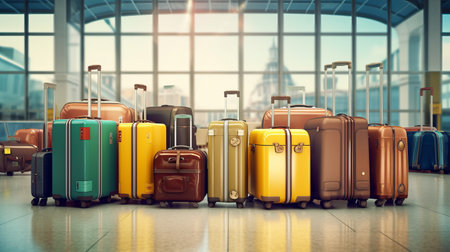 Suitcases in airport. Travel concept. Generative AIの素材