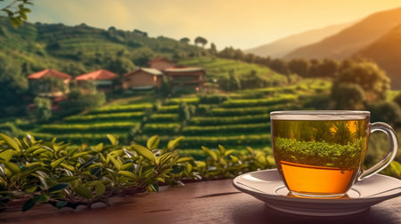 Tea cup with on the wooden table and the tea plantation. Generative AIの素材