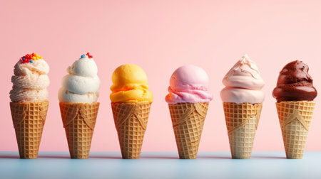 Various ice cream in waffle cones. Generative AIの素材