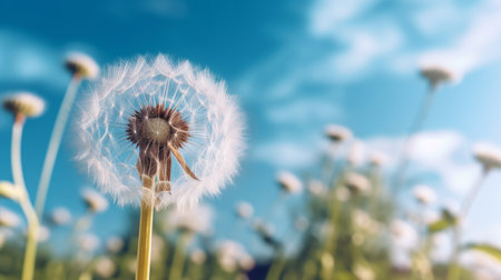 White fluffy dandelion on blue sky background. Generative AIの素材