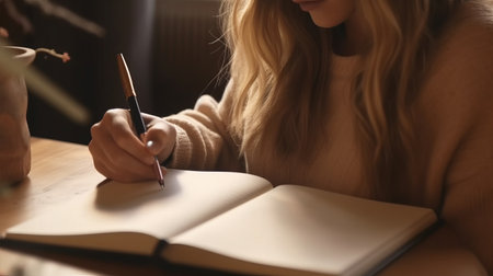 Young woman writing in notebook at home. Generative AIの素材