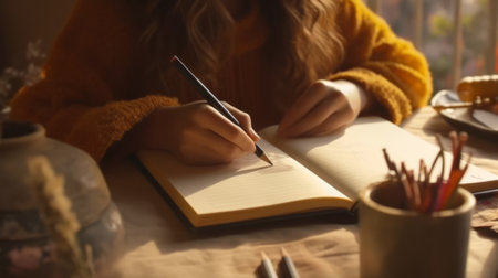Young woman writing in notebook at home. Generative AIの素材