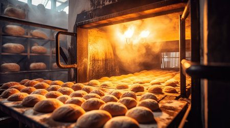 Batch of bread being baked. Generative AIの素材