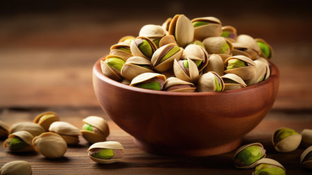 Bowl with pistachios on a wooden table. Generative AIの素材