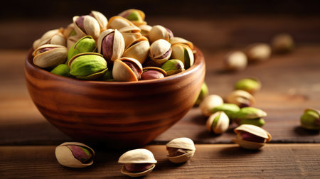 Bowl with pistachios on a wooden table. Generative AIの素材