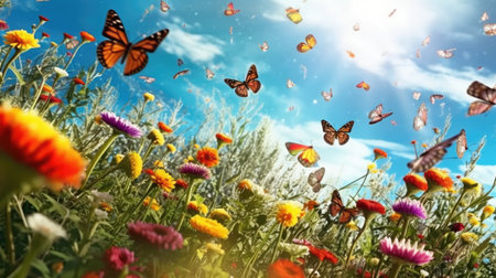 Butterflies over bright spring flower field. Generative AIの素材
