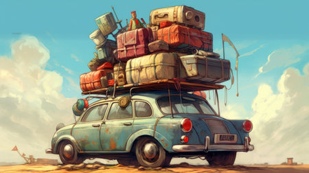 Car with suitcases on top of the roof rack. Generative AIの素材