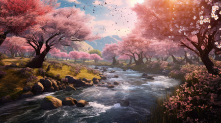 Cherry blossom trees along a river in springtime. Generative AIの素材