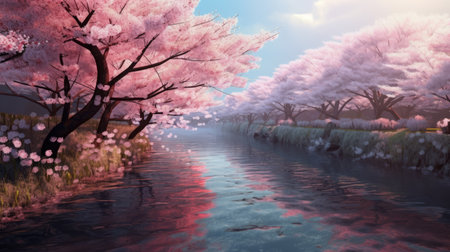 Cherry blossom trees along a river in springtime. Generative AIの素材