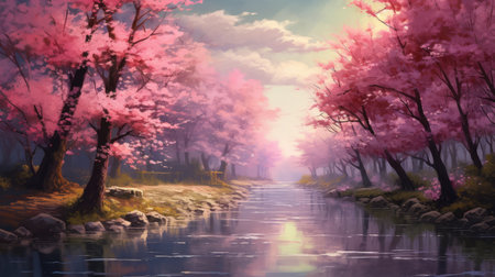 Cherry blossom trees along a river in springtime. Generative AIの素材