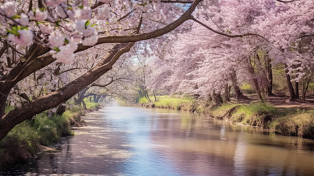 Cherry blossom trees along a river in springtime. Generative AIの素材