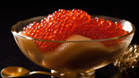 Close-up of a bowl of red trout caviar. Generative AIの素材