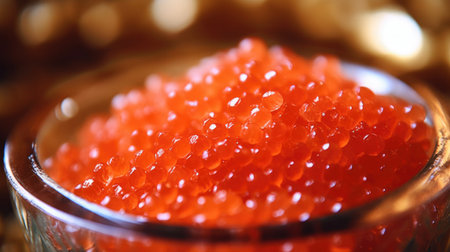 Close-up of a bowl of red trout caviar. Generative AIの素材