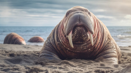 Close-Up of a walrus on beach. Generative AIの素材