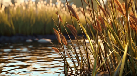Close-up of tall Reeds growing at the edge of a river. Generative AIの素材