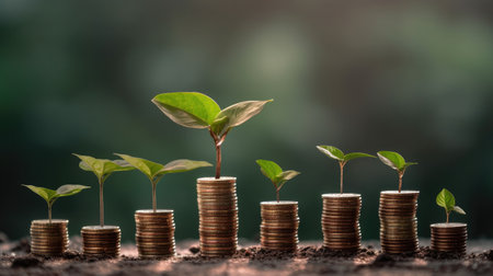 Row of stacks of coins with a plant growing. Generative AIの素材