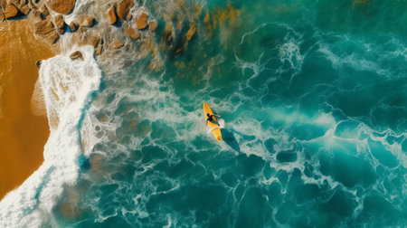 Aerial drone view of man on a surfboard in ocean surf. Generative AIの素材