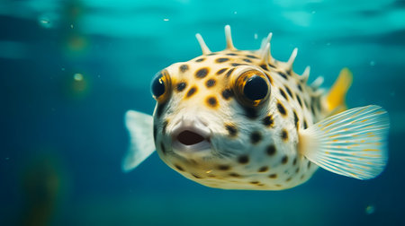 Close-up of a Pufferfish swimming in an aquarium. Generative AIの素材