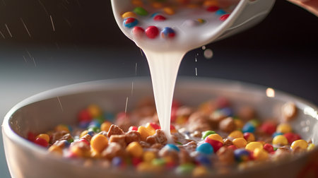 Close-up of milk being poured into a bowl of breakfast. Generative AIの素材