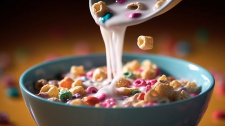Close-up of milk being poured into a bowl of breakfast. Generative AIの素材
