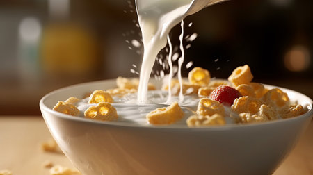 Close-up of milk being poured into a bowl of breakfast. Generative AIの素材