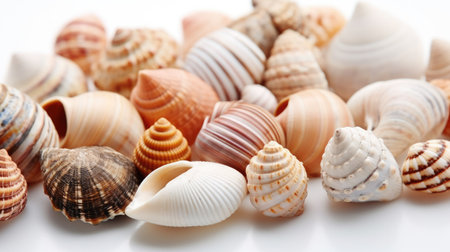 Different sea shells on white background close. Generative AIの素材