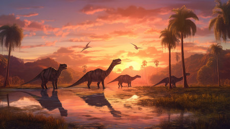 Dinosaurs landscape at sunset. Generative AIの素材