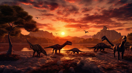 Dinosaurs landscape at sunset. Generative AIの素材
