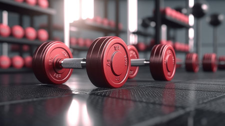 Dumbbells on the floor of a gym. Generative AIの素材