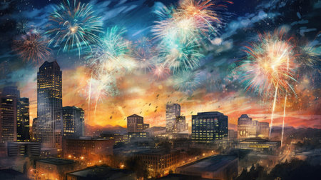 Fireworks exploding over downtown cityscape. Generative AIの素材