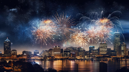 Fireworks exploding over downtown cityscape. Generative AIの素材